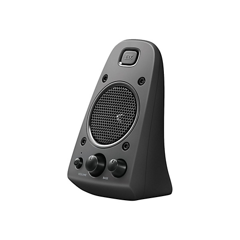 Haut-parleur noir avec commandes de volume. Une grille Ã  l'avant, un bouton en haut.