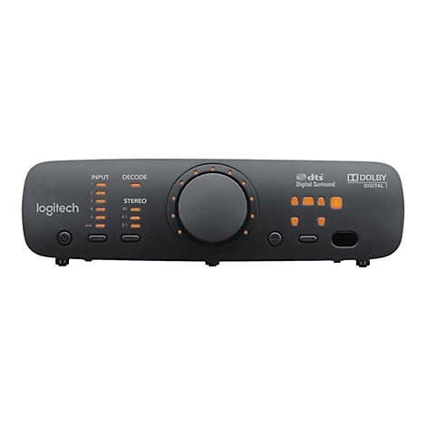 Appareil audio Logitech noir avec boutons, cadran et voyants orange. Logos, DTS Digital Surround et Dolby Digital.