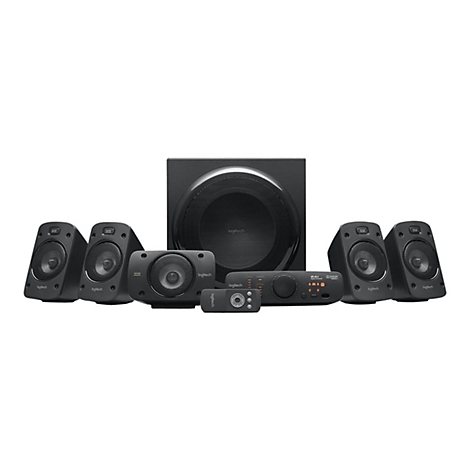 Système de son surround noir Logitech 5.1, composé d'un caisson de basses, d'une enceinte centrale, de 2 enceintes avant, de 2 enceintes arrière et d'un panneau de commande.
