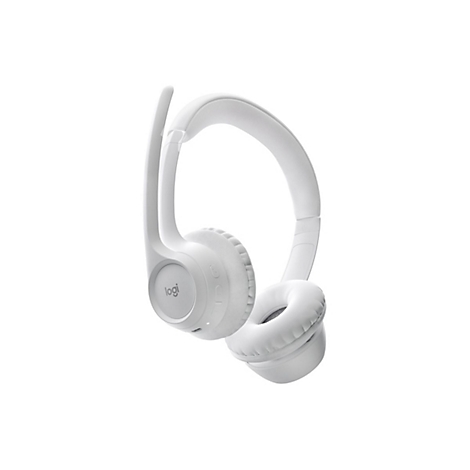 WeiÃŸes Headset von Logitech mit OhrbÃ¼gel und Mikrofon, isoliert auf weiÃŸem Hintergrund.