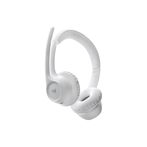 WeiÃŸes Headset mit BÃ¼gel und Logoschriftzug, vor weiÃŸem Hintergrund, von Logitech.
