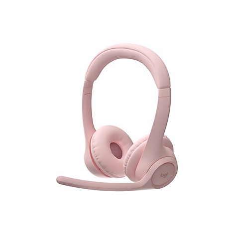 Casque rose clair avec un microphone sur fond blanc. Le mot "logi" est visible.