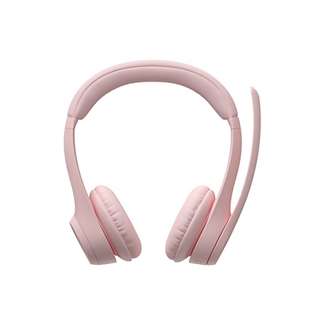 Casque rose clair avec microphone sur fond blanc.