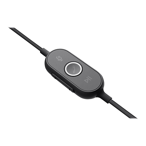 TÃ©lÃ©commande de casque noire et grise avec microphone, bouton lecture/pause et contrÃ´le du volume.