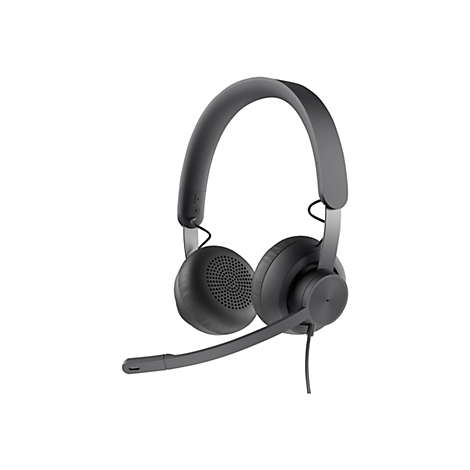 Casque gris foncÃ© avec microphone sur fond blanc.