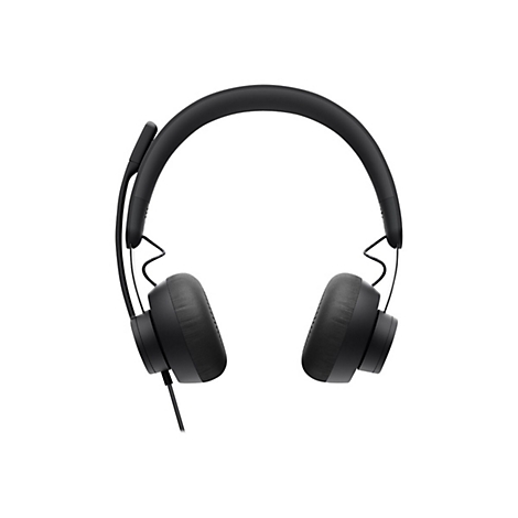 Casque noir sur fond blanc. Il possÃ¨de un bandeau rÃ©glable, des coussinets et un microphone.