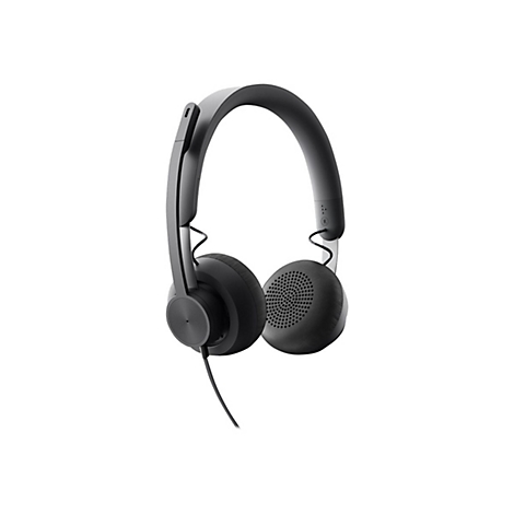 Casque noir avec serre-tÃªte, Ã©couteurs et microphone, sur fond blanc.