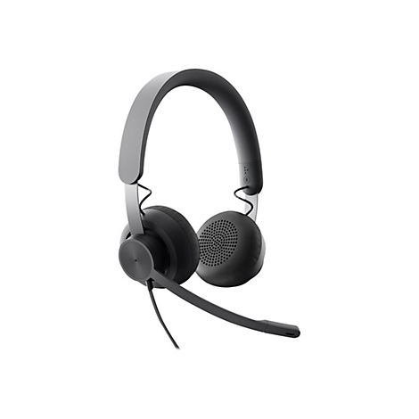 Casque gris foncÃ© avec microphone sur fond blanc. L'arceau est lÃ©gÃ¨rement incurvÃ©, les oreillettes sont rondes.