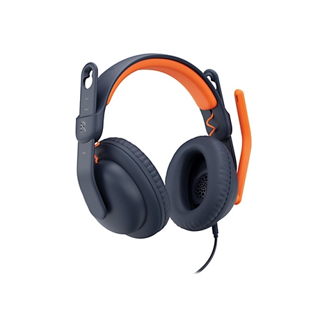 Casque bleu foncé avec des accents orange, avec microphone et câble, sur fond blanc.
