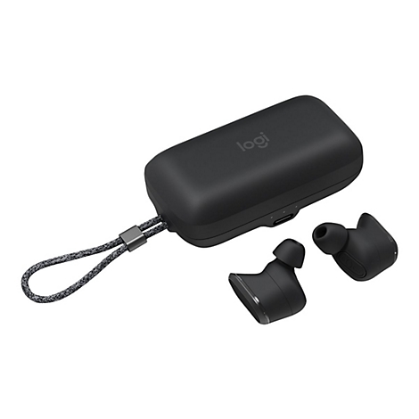 Schwarze Logitech-Kopfhörer mit Ladecase und grauer Schlaufe. Auf dem Case befindet sich das Logo.