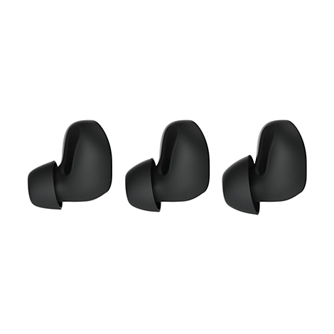 Drei schwarze Ohrstöpsel vor weißem Hintergrund. Jedes hat einen zylindrischen Einsatz und einen abgerundeten, ergonomischen Teil.