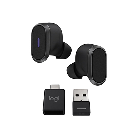 Schwarze kabellose Ohrhörer mit Ladecase und USB-Adaptern, Logos von Logitech.