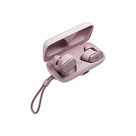 Hellrosa kabellose Ohrhörer mit Ladecase, geöffnet. Die Ohrhörer sind in der Hülle und außen zu sehen, das Case hat eine Handschlaufe.