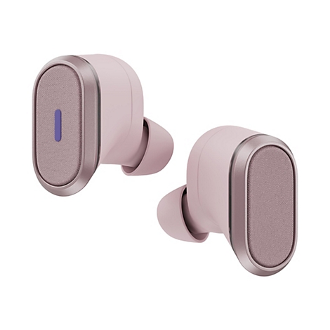 Zwei kabellose, rosafarbene Ohrhörer, die auf weißem Hintergrund schweben. Die Ohrhörer haben ein rechteckiges Design mit einem metallischen Rahmen und einem Stoffmuster auf der Oberfläche.