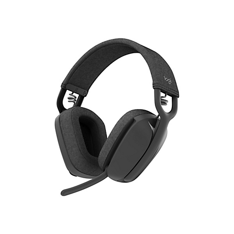 Dunkelgraues Headset, Logitech-Logo, mit Mikrofonarm und Textilbezug.