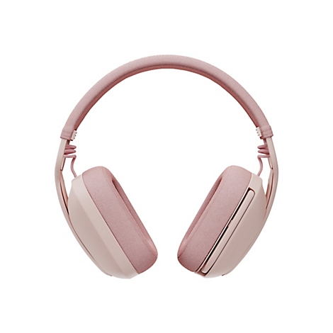 Casque rose clair sur fond blanc. Les écouteurs sont rectangulaires et rembourrés, de même que le bandeau.