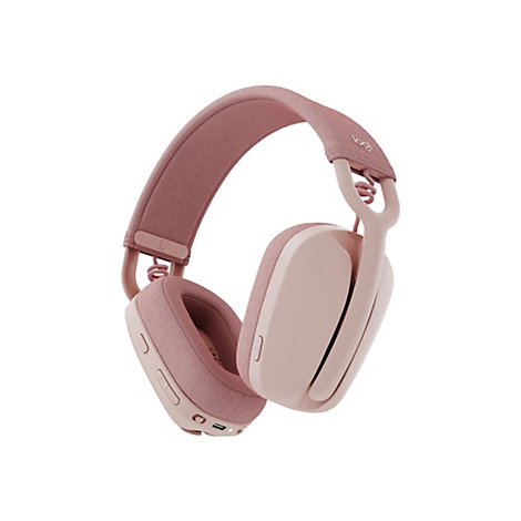 Casque sans fil rose clair, le logo Logitech sur le bandeau. Les écouteurs sont recouverts de tissu.