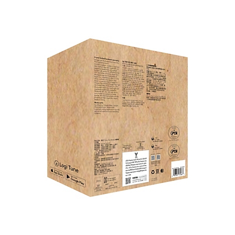 Rückseite einer Logitech Produktverpackung aus braunem Karton mit technischen Informationen und Zulassungslogos.
