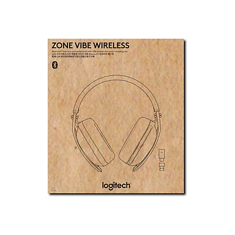 Strichzeichnung der Zone Vibe Wireless Kopfhörer auf beigem Karton mit Produktnamen und Logitech-Logo.