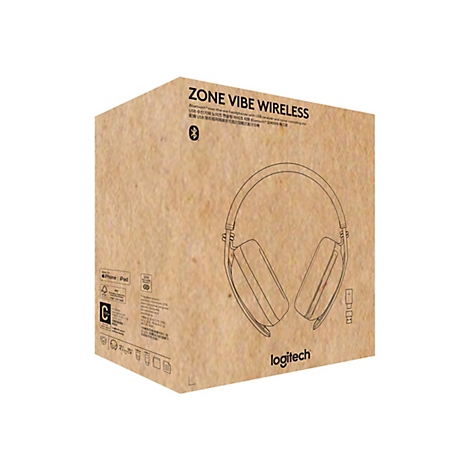 Produktverpackung aus Karton für Logitech Zone Vibe Wireless Kopfhörer mit Produktskizze und technischen Hinweisen.