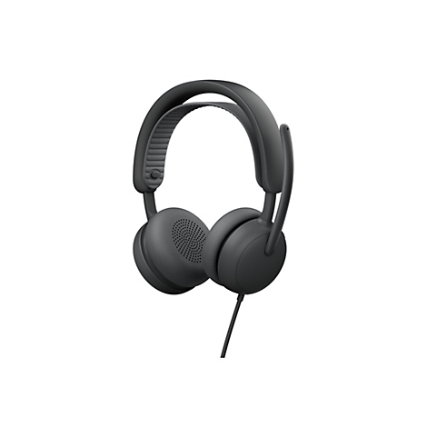 Casque gris foncé avec coussinets et supports, câble vers le bas. Sur fond blanc.