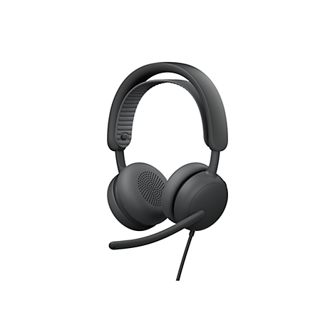 Casque gris foncé avec microphone sur fond blanc.