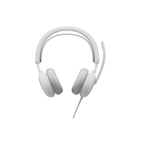 Casque gris clair avec microphone sur fond blanc, vue de face.