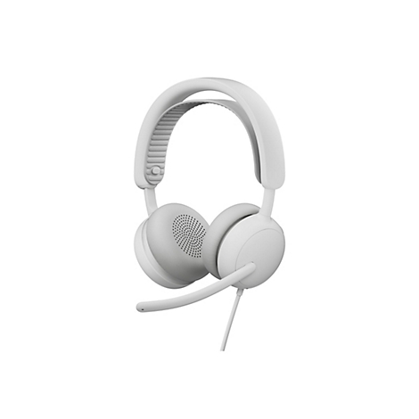 Casque gris clair avec microphone sur fond blanc. Le serre-tête est rembourré, les oreillettes sont arrondies.