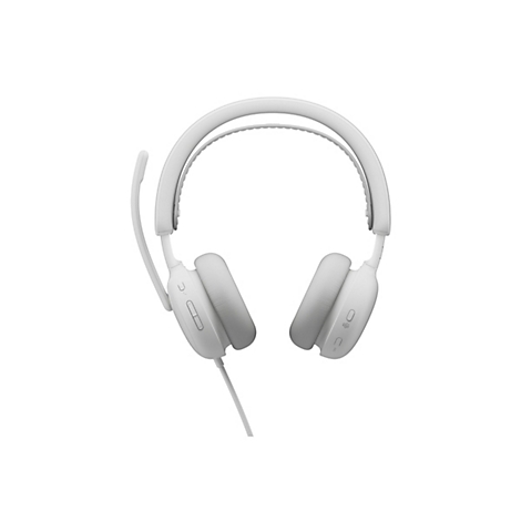 Casque gris clair avec microphone sur fond blanc.