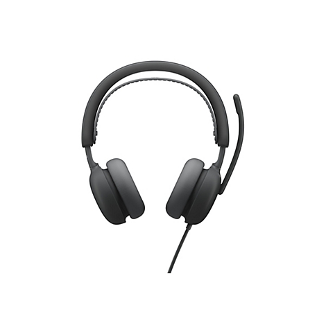 Casque gris foncé sur fond blanc. L'arceau a un intérieur rembourré. Le bras du microphone et le câble sont visibles.