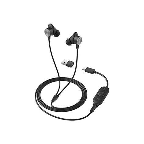 Schwarze In-Ear-Kopfhörer mit Kabel, USB-Adapter und Steuerungstasten.