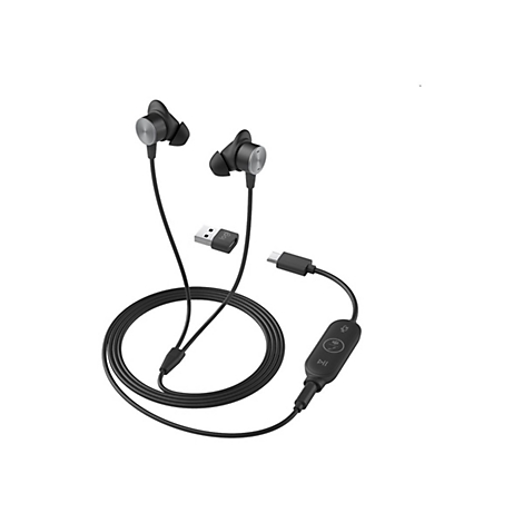 Schwarze In-Ear-Kopfhörer mit Mikrofon und Kabel, USB-C- und USB-A-Anschluss, Play/Pause-Taste.