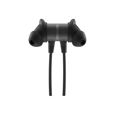 Schwarze In-Ear-Kopfhörer mit Ohreinsätzen und Verbindungskabel, auf weißem Hintergrund.