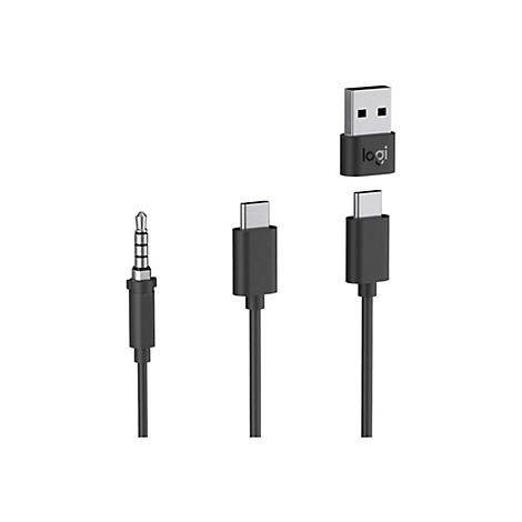 DiffÃ©rents cÃ¢bles noirs et un rÃ©cepteur USB. Y compris une prise jack 3,5 mm, un cÃ¢ble USB-C et un cÃ¢ble USB-C avec rÃ©cepteur.