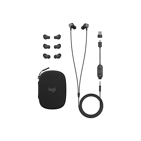 Ã‰couteurs intra-auriculaires noirs avec accessoires: embouts d'oreille, cÃ¢ble de charge, Ã©tui de transport. Le tout sur fond clair.