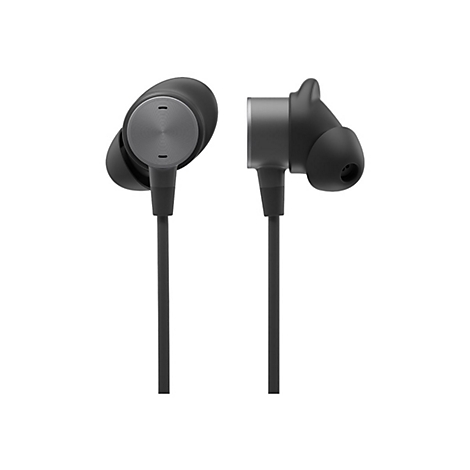 Deux Ã©couteurs intra-auriculaires noirs sur fond blanc. Ã‰couteurs ronds gris, fixation du cÃ¢ble et embouts auriculaires.