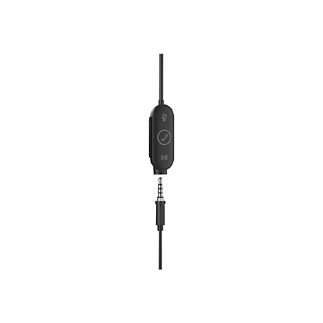Gros plan d'un cÃ¢ble de casque noir avec microphone, contrÃ´le des appels et de la musique.