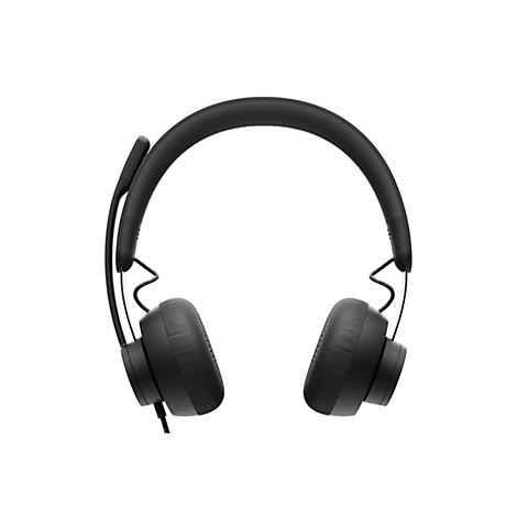 Schwarzes Headset mit Ohrmuscheln, Bügel und Mikrofon. Es hat ein stoffartiges Finish.