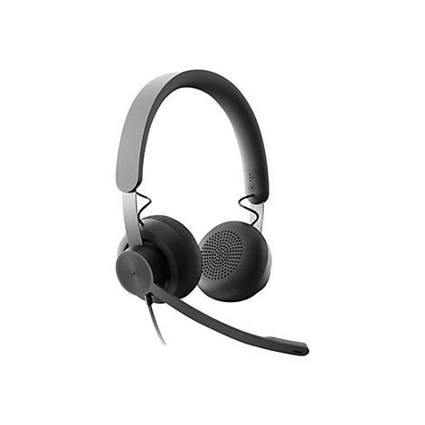 Casque gris foncÃ©, serre-tÃªte et Ã©couteurs arrondis, microphone sur l'oreille gauche, connexion par cÃ¢ble.