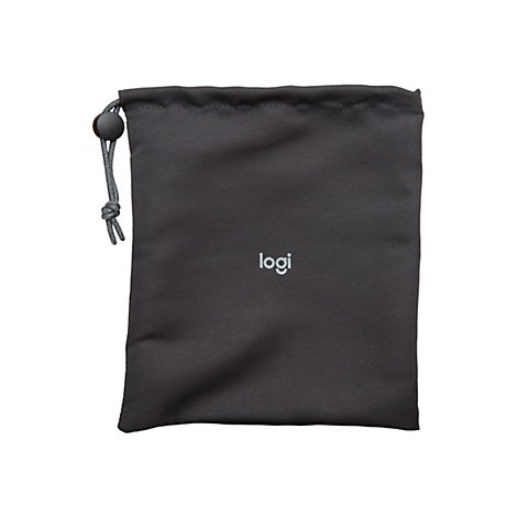 Pochette gris foncÃ© avec logo logi et cordon de serrage.
