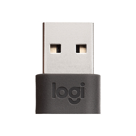 Gros plan d'un dongle USB, plastique gris avec le logo 'logi'.