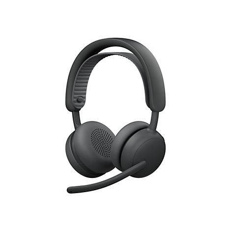 Mattschwarzes On-Ear-Headset mit Kopfbügel, weichen Ohrpolstern und integriertem Mikrofonarm vor weißem Hintergrund.