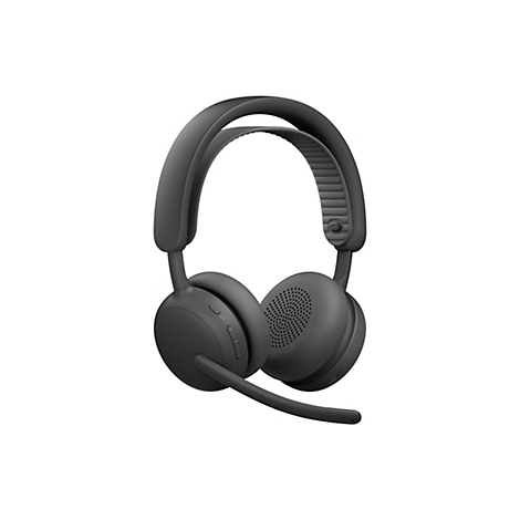 Drahtloses, graues Headset mit Mikrofon auf weißem Hintergrund.