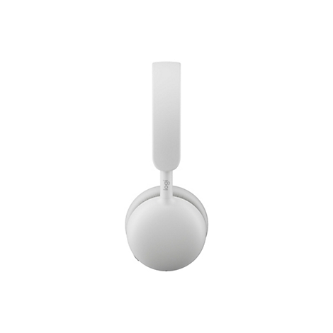 Weiße, minimalistische Logi-Kopfhörer in der Seitenansicht vor weißem Hintergrund.