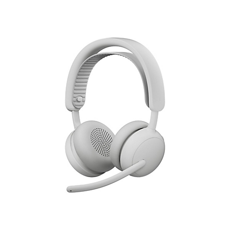 Ein hellgraues Headset mit Mikrofonbügel vor weißem Hintergrund.