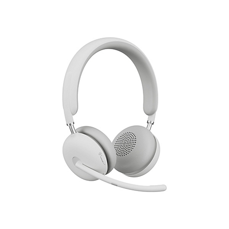 Hellgraues Headset mit Mikrofon auf weißem Hintergrund. Runde Ohrmuscheln, gepolstert, mit Mikrofonarm und Bügel.