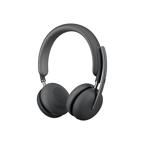 Casque gris foncé avec microphone sur fond blanc. Écouteurs ronds, bandeau rembourré.