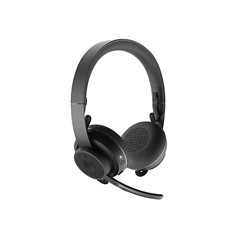 Drahtloses, schwarzes Headset mit Mikrofon auf weißem Hintergrund. Das Headset hat ein kreisförmiges Ohrpolster und einen Bügel.
