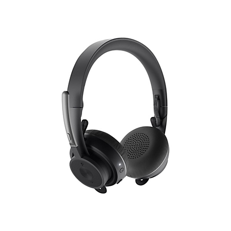 Casque sans fil noir, vue de face. L'arceau relie les deux Ã©couteurs.