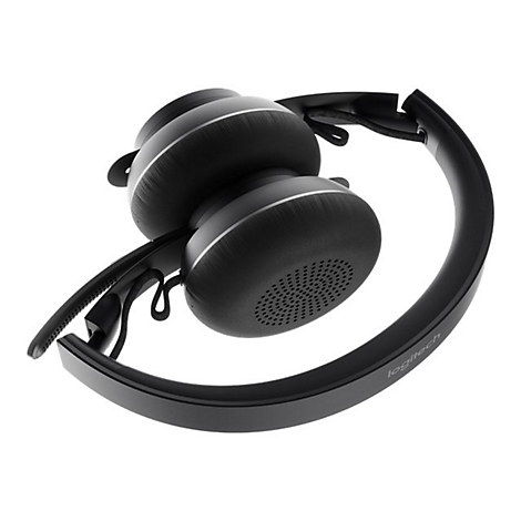 Casque circum-auriculaire noir avec des accents blancs, pliÃ©.